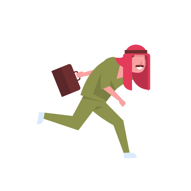 拿着公文包跑向病人的阿拉伯男医生，戴着库非耶和绿色制服的阿拉伯男子医院医务人员卡通人物全身白色背景扁平图片下载