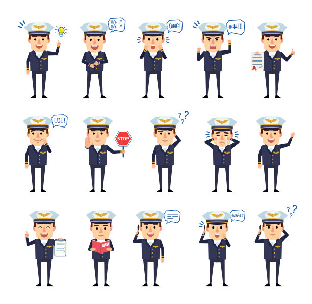 一组航空公司飞行员的角色显示各种行动，情绪。有趣的飞行员打电话，生气，哭泣，拿着停止标志，阅读书籍和显示其他行动图片下载