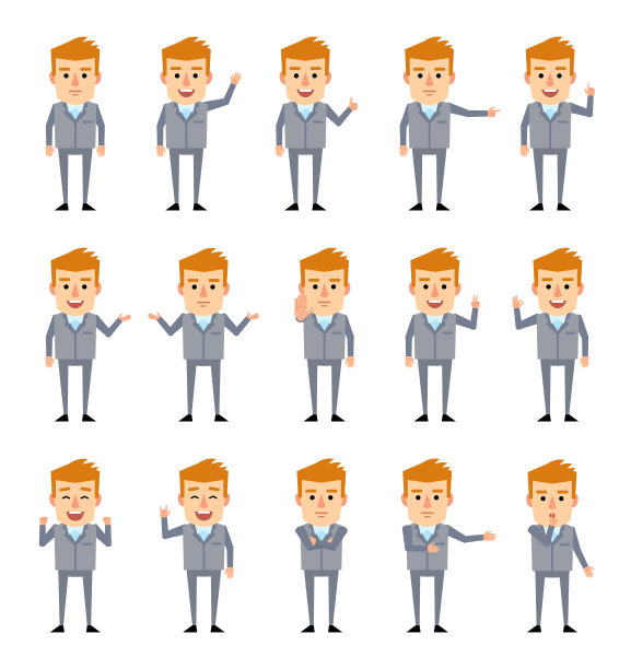 一套商人人物在灰色西装显示各种手势。男子兴高采烈地指指点点，竖起大拇指，做出胜利的手势等图片下载