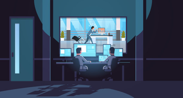 两名男子看着玻璃后面的监视器，愤怒而紧张的女商人大喊有问题黑暗的办公室内部监控安全系统平水平图片下载