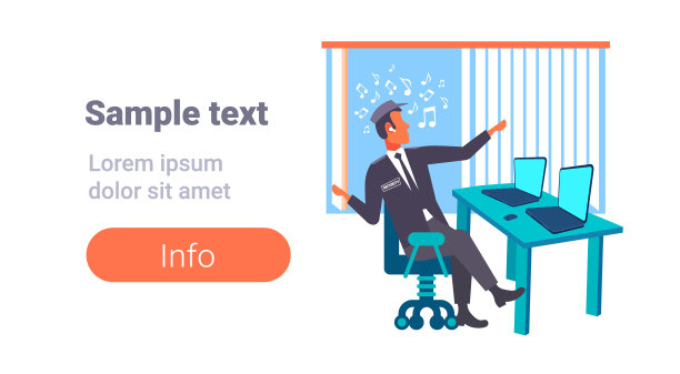 男保安工人看着笔记本电脑屏幕，戴着耳机听音乐，穿着制服的男子坐在工作地点的办公桌前，白色背景复制空间的全长平坦水平图片下载