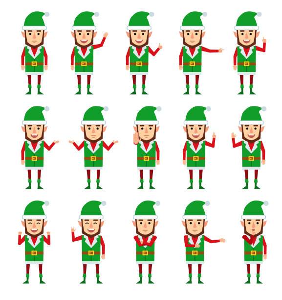 圣诞精灵人物显示不同的手势。小精灵们兴高采烈地指指点点、打招呼、竖起大拇指等手势图片下载