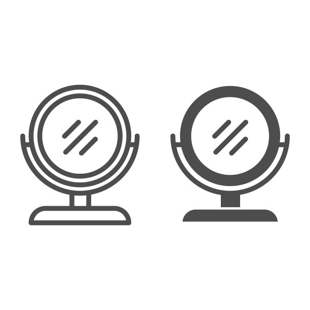 圆形化妆镜线和字形图标。桌面镜子矢量插图孤立在白色。表镜轮廓风格设计，专为网页和应用设计。Eps 10。图片下载