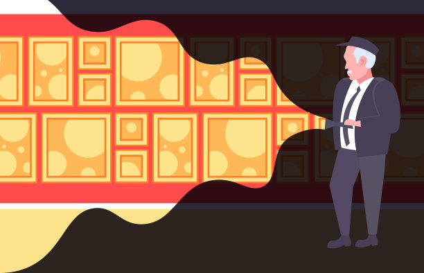 高级男保安员手持手电筒，男警卫站在黑暗的大楼走廊上，用手电筒将男卡通人物全身平平图片下载