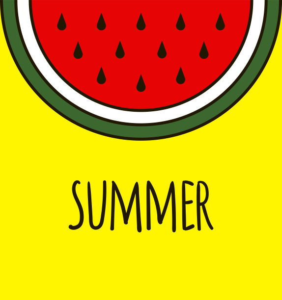 夏天的背景。卡通西瓜孤立在黄色背景和手绘文本。夏季插图。卡哇伊和可爱。西瓜平面矢量图标，海报，横幅和标志的印刷和网络图片下载