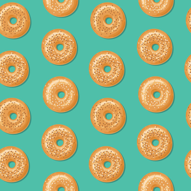 无缝模式，俯视图的新鲜百吉饼与白色和棕色的芝麻种子。矢量插图。图片下载