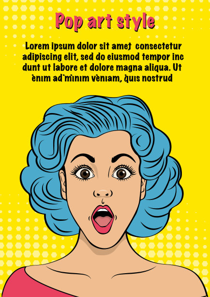 波普艺术风格的广告海报模板。明亮的矢量插图的一个美丽的女孩与一个惊讶的脸。图片下载