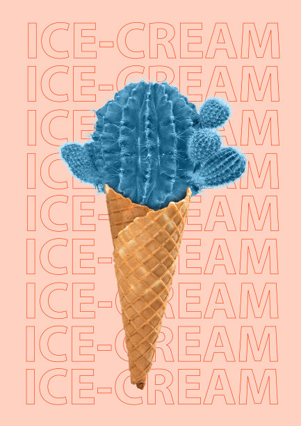当代艺术拼贴。概念仙人掌冰淇淋在粉红色的背景。图片下载
