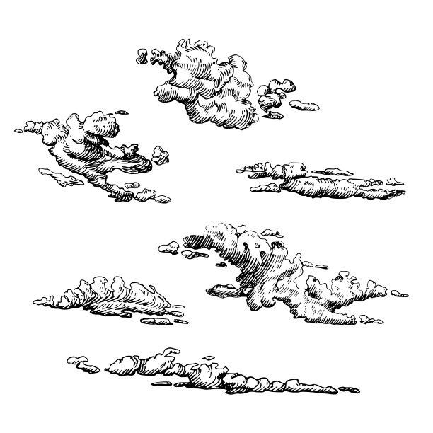 云集，手绘雕刻风格。多云天空的矢量图形说明。图片下载