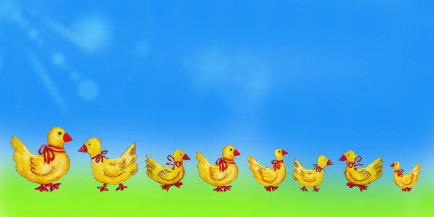 水彩图案的鸭子与红丝带。图片下载