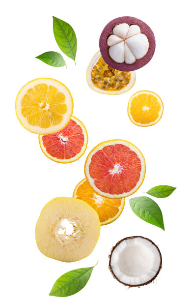 落下的切片水果:山竹;椰子;柠檬;graanidilla;橙色;葡萄柚;贴梗海棠;maracuya。孤立在白色图片下载