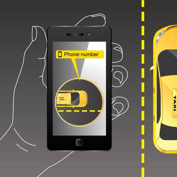 手机在手里。在线移动应用订车服务。矢量出租车移动应用design.Сar图片下载