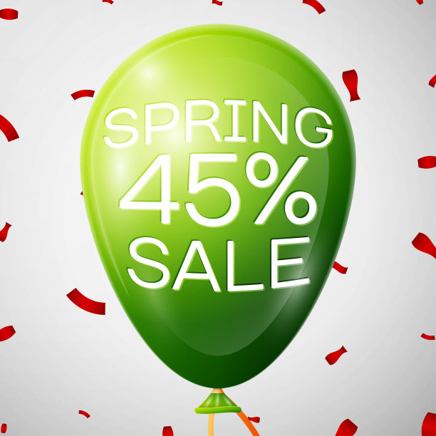 绿色气球，45%折扣。销售概念为商店，商店市场，网络和其他商业。矢量插图。图片下载