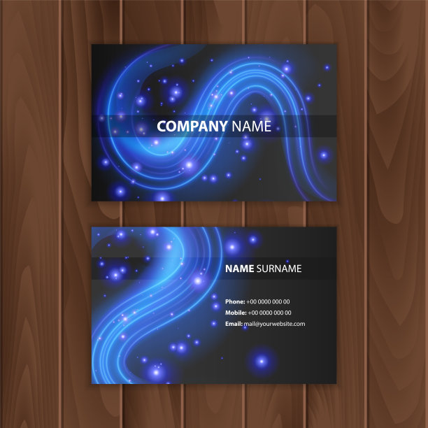 黑色名片与蓝色霓虹灯线，参观卡在一个木制衬底图片下载