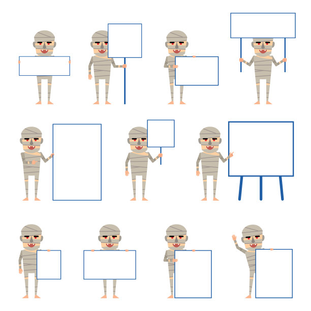 万圣节木乃伊角色与不同的空白招牌摆姿势。滑稽的妈妈拿着纸，横幅，标语牌，指向白板图片下载