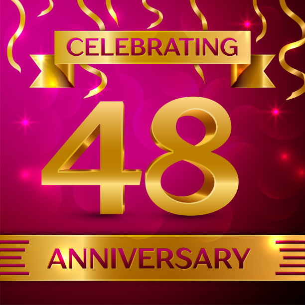 48周年庆典设计。粉色背景上的五彩纸屑和金色丝带。多彩的矢量模板元素为您的生日聚会。周年丝带图片下载