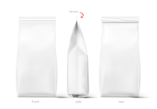 包模型与白色剪辑带设置。前，后和透视视图。图片下载