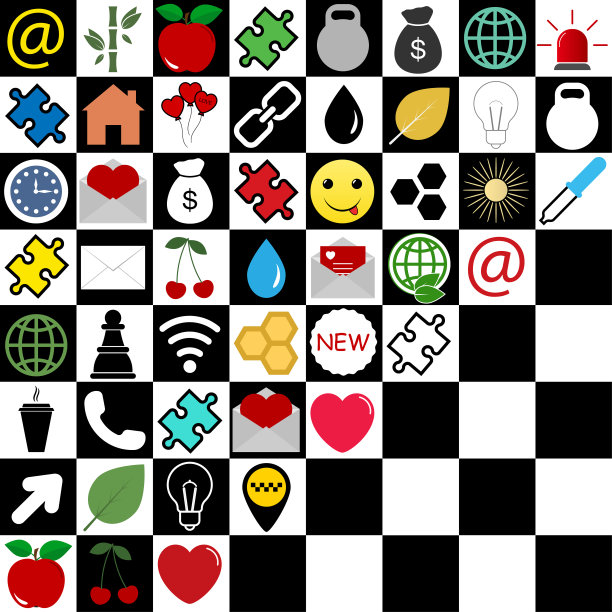 国际象棋背景上的图标集。平面风格的矢量插图。——矢量图片下载