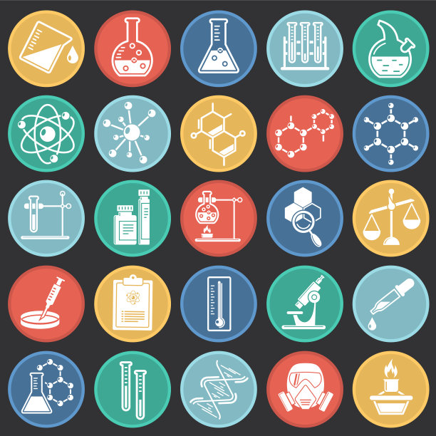 化学图标设置在彩色圆圈黑色背景的图形和网页设计。简单的矢量信号。网站按钮或手机应用的互联网概念符号。图片下载