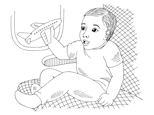 婴儿玩飞机玩具图形黑白素描插图矢量图片下载