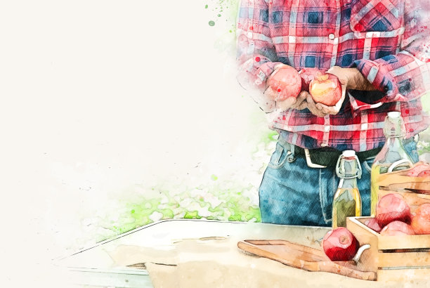 抽象彩色捧着苹果果实的水彩插画背景。图片下载