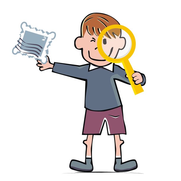 集邮家，带着放大镜和邮票的男孩图片下载