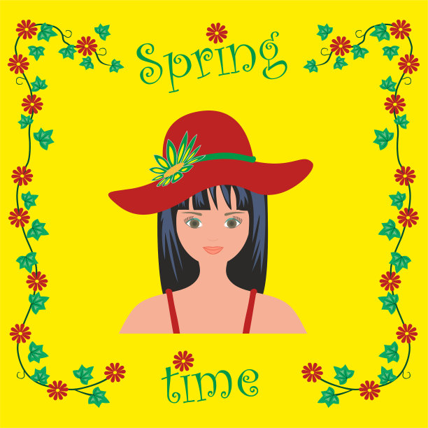 矢量插图。女人戴红帽子，花和文字春天的时间。图片下载
