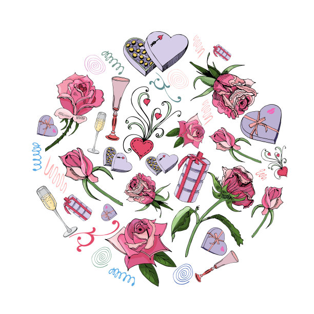 圆圈组成的玫瑰花与树叶，糖果和其他不同的对象孤立在白色背景。手绘墨水和彩色素描。图片下载