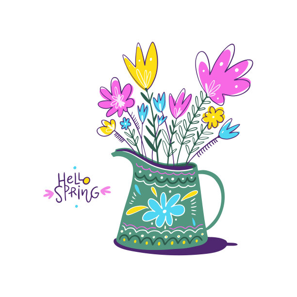 带有花束和花圈的花盆。手绘矢量插图。你好春天字母短语。图片下载