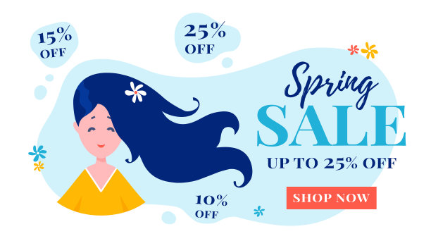 春季大减价的横幅。带小女孩的矢量模板。图片下载