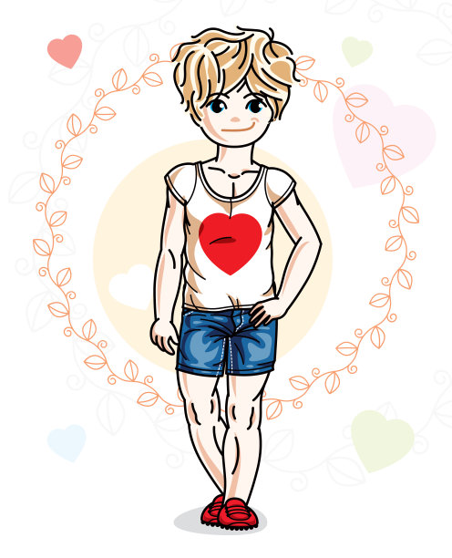 金发的小可爱穿着不同的休闲装，站在五颜六色的心形背景上。矢量插图的好女孩。图片下载