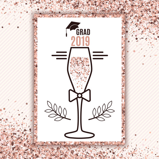 2019届毕业生，用香槟杯，帽子，蝴蝶结条纹背景和撒在玫瑰金色的五彩纸屑贺卡，邀请，横幅，海报，明信片。都是隔离和分层的图片下载