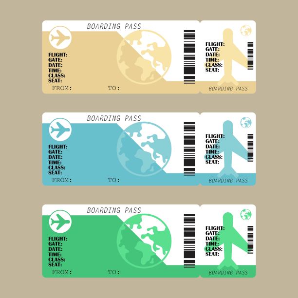 航空公司登机牌机票设置，矢量插图在平面风格图片下载