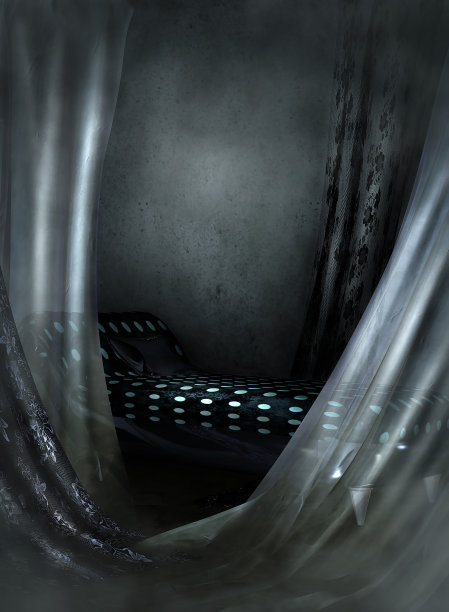 俱乐部室内的3d插图，一张床和白色窗帘图片下载