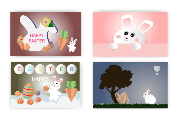 一个可爱的小兔子和一个彩色的彩蛋，共有四款。对于卡片，海报，传单和其他用户，插图向量图片下载