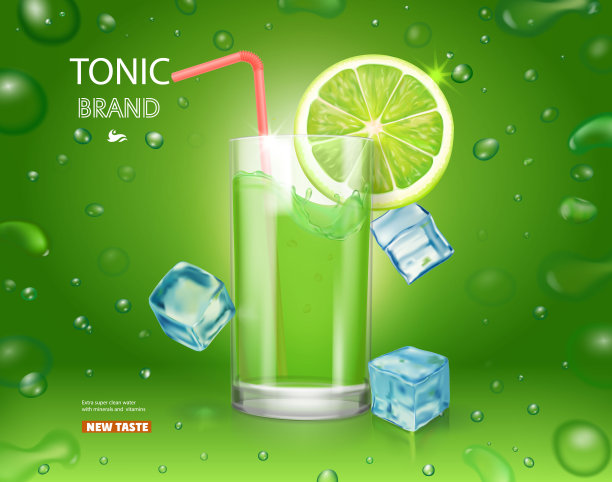 贴着冰块的酸橙汁海报。莫吉托鸡尾酒广告设计。柑橘滋补饮料在绿色闪烁的背景。图片下载