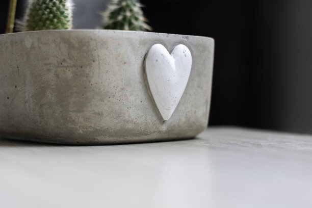 桌上的混凝土花瓶上画着白色的心形符号，并在浅浅的地里种着仙人掌图片下载