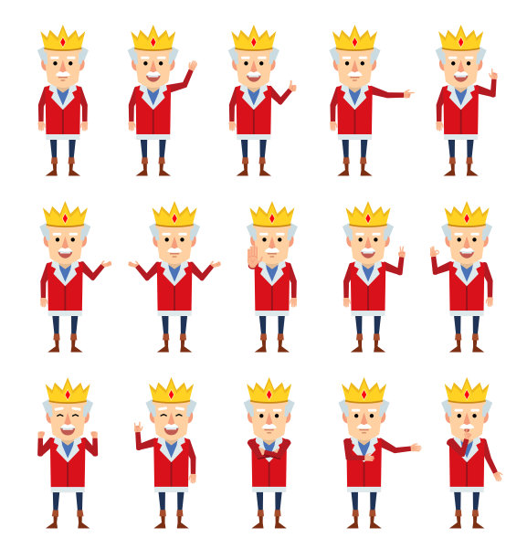 一组老国王的人物，表现出不同的手势。有趣的国王指指点点、打招呼、竖起大拇指等手势图片下载