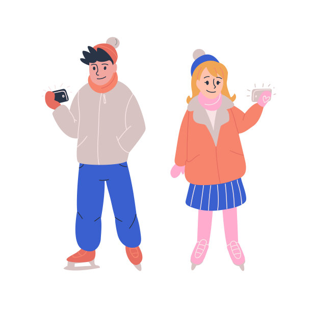 男孩和女孩穿着冬天的衣服和溜冰鞋图片下载