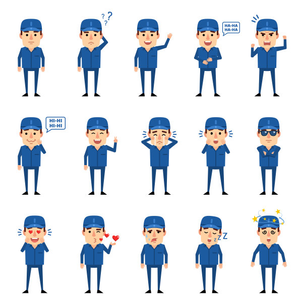 一组机械师、工人角色表现出各种情绪。有趣的机械师笑，哭，生气，惊讶和显示其他情绪图片下载