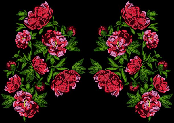 绣牡丹。向量时尚领口装饰图案在黑色的背景。民间花卉装饰用于服装、织物设计。图片下载