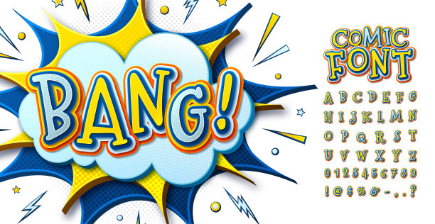 3d卡通漫画字体。波普艺术风格的儿童字母表。漫画书页面上多层彩色蓝黄字母，语音泡泡，爆棚装饰儿童插画，海报，横幅图片下载