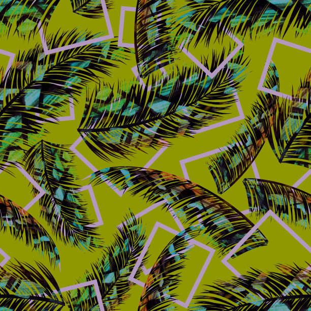热带树叶的纹理和灰色几何图形上的绿色图片下载