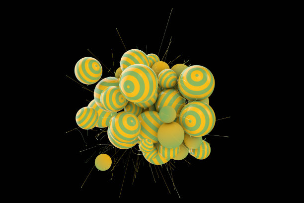 3D抽象光泽条纹球在黑色背景图片下载