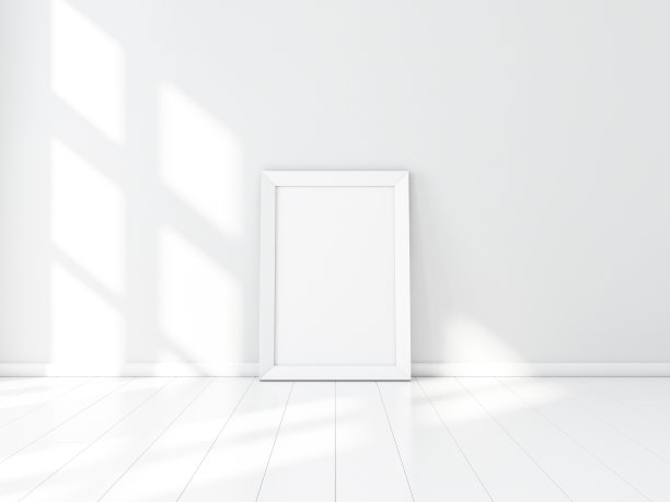 宽框海报模型在地板上，为您的垂直照片或艺术品图片下载