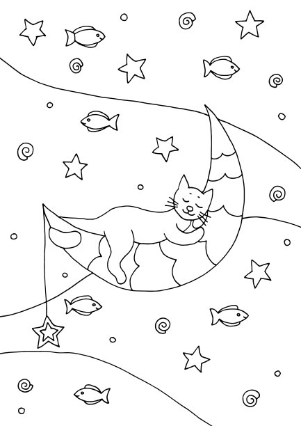 手绘着色页与一只睡在月亮上的猫图片下载