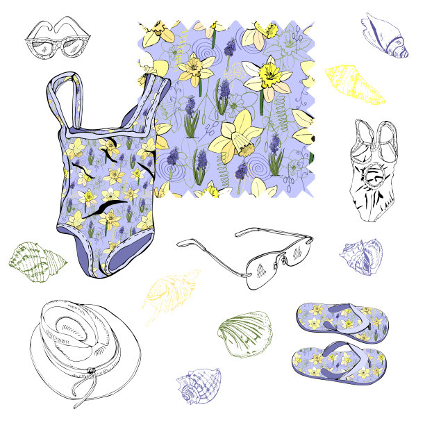 一套海滩度假项目。手绘草图与不同的元素和模式孤立在白色的背景。图片下载