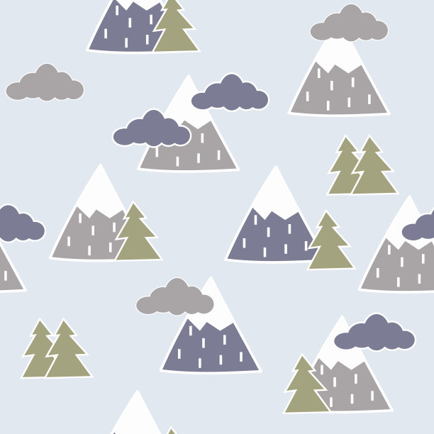 手绘无缝图案与树，云和山。图片下载