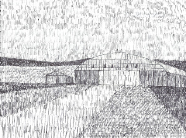 小型飞机机库和棚子，小型飞机机场用黑白圆珠笔或圆珠笔绘制图片下载