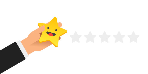 手把五个金色的星星带着微笑放在白色的背景上。质量、意见、成功理念。平面设计。矢量图图片下载